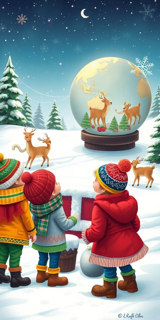 Create a festive winter scene featuring a cheerful Santa Claus in a snowy landscape. Include three children wearing colorful winter outfits with scarves, looking towards Santa. Add playful deer in the background and a large globe decorated with holiday motifs. The sky should be filled with stars, and there should be trees dotting the landscape.