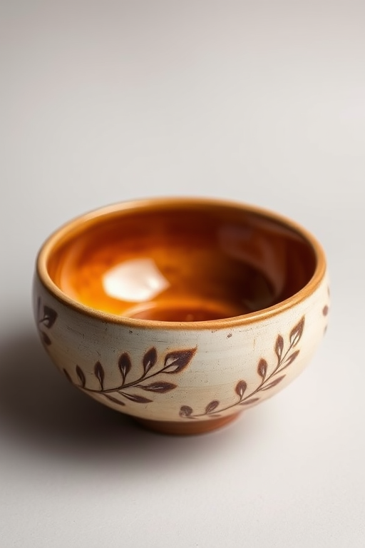 Ceramic bowl with leaf engravings, warm brown interior, soft natural lighting, taken with a DSLR camera, 50mm lens, f/2.8 aperture, ISO 100, 1/250 sec, in a studio setting with a neutral background.