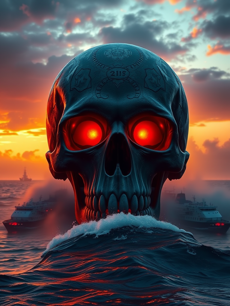 Create a digital artwork of a massive skull emerging from the ocean at sunset, with glowing orange eyes, surrounded by mist and ships in the background, shot with a DSLR camera at f/2.8, ISO 100, 24mm lens, using a wide-angle perspective and HDR imaging for enhanced detail and vibrant colors.