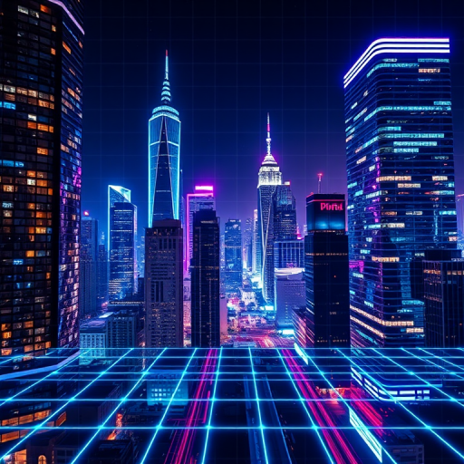 Create a vibrant night cityscape with a futuristic grid overlay, featuring skyscrapers illuminated in neon colors, shot with a wide-angle lens at f/2.8, ISO 400, 1/60s shutter speed, using a DSLR camera for enhanced clarity and detail.