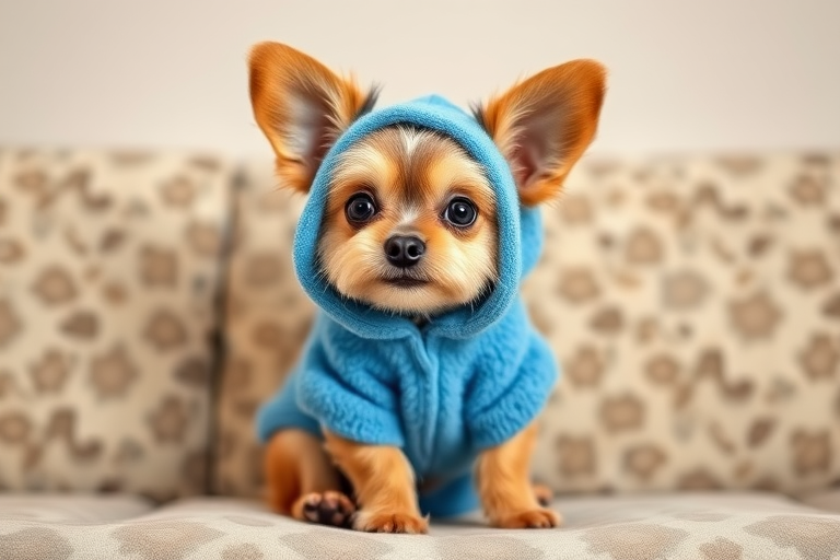 Create an image of a small dog wearing a blue fluffy hoodie with large floppy ears resembling a cartoon character sitting on a patterned couch with a cheerful expression.