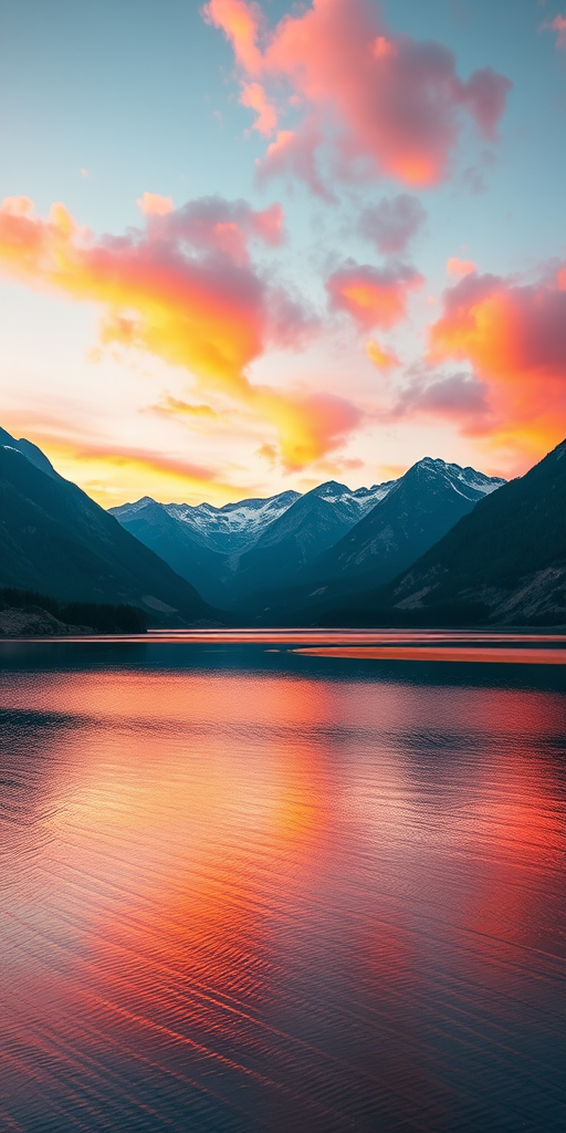Generate an image of a serene landscape featuring a calm lake surrounded by mountains during sunrise, with vibrant colors in the sky, using a DSLR camera with a 24mm lens, f/8 aperture, ISO 100, in landscape orientation, shot at golden hour for optimal lighting.