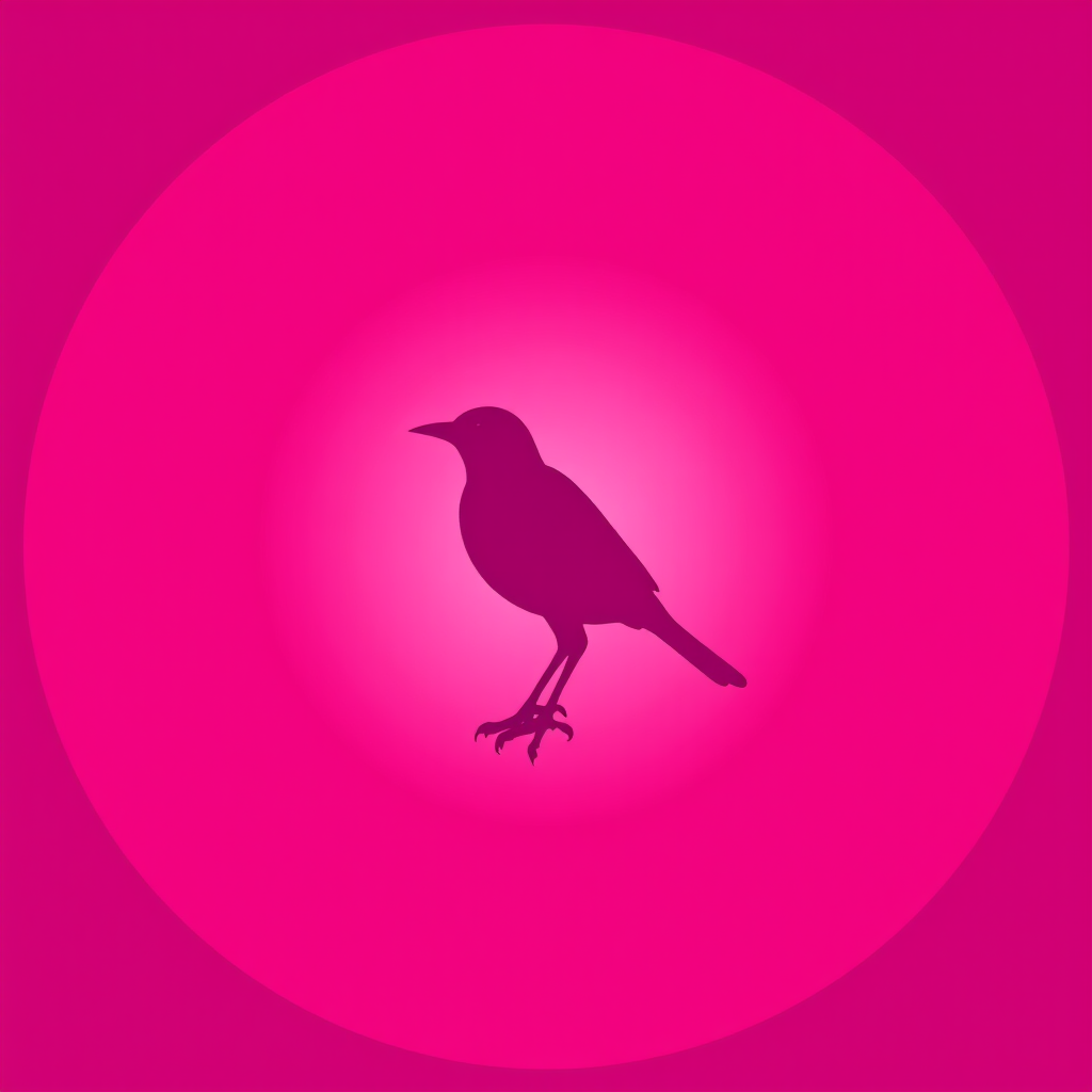 Create a high-resolution logo of a bird silhouette in a circular pink background, using a DSLR camera type, 50mm lens, aperture f/1.8, ISO 100, natural light, front view, focused and vibrant colors.