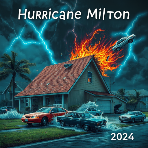 Hurricane Milton blows a roof off a home. Strong winds and rain blows sideways. Palm trees uprooted and bent over. Cars flying through the sky with debris. Sky is dark with thunder storms. Lightning strikes are fluorescent blue. Add text Hurricane Milton 2024