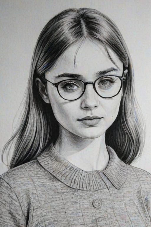 Comely Jessica Barden, pencil sketch, portrait of Appealing woman 1968s in glasses, hair style beatnik, outline, clear lines, fine lines, 8k