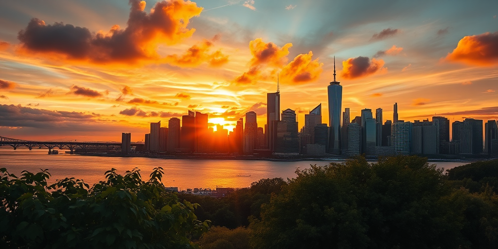 capture a vibrant city skyline at sunset with golden and orange hues reflecting on the buildings and water, using a Canon EOS R5 with a 24-70mm f/2.8 lens at ISO 100, shutter speed 1/125s, aperture f/8, shot from a low angle for dramatic foreground elements and maximum detail in the clouds and skyline