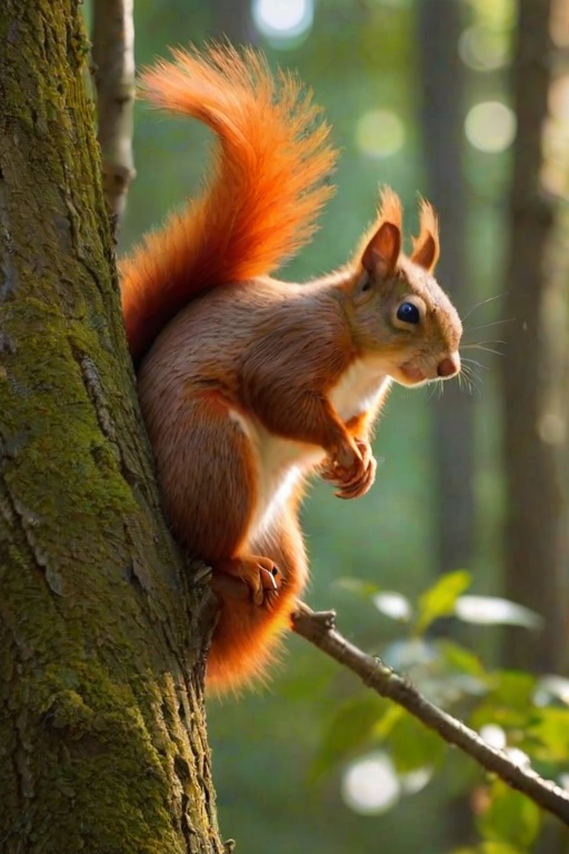 Generate an image of a squirrel sitting on a tree branch with a bushy, vibrant orange tail, softly illuminated by sunlight in a natural woodland setting.