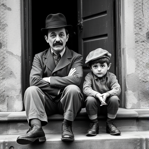 A black-and-white photograph of a man and a child sitting on steps in front of a doorway. The man is dressed as a tramp with a bowler hat, mustache, and ragged clothes, reminiscent of Charlie Chaplin's iconic look. He is sitting with his arms crossed and an expression of slight sadness or frustration. Next to him is a young boy, also in worn clothes and a cap, sitting with his hands clasped, looking thoughtful. The background is an old, textured wall and a partially open door, creating a vintage, early 20th-century atmosphere.