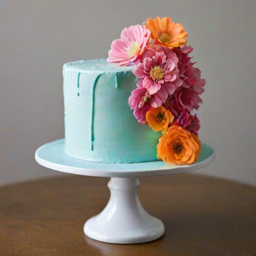 Create an image of a two-tiered cake with a light blue frosting. The cake should be adorned with colorful, delicate flowers in shades of pink, orange, and yellow, cascading down the sides. It should be displayed on a shiny silver cake stand, set against a lush green background.