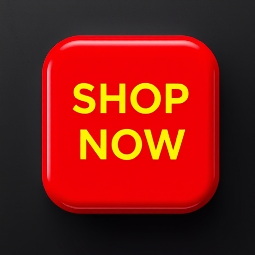Create a vibrant red button with the text "SHOP NOW" in bold yellow font, using a Canon EOS R5 camera, 50mm lens, f/2.8 aperture, ISO 100, 1/60 shutter speed, top-down view, high-definition style.