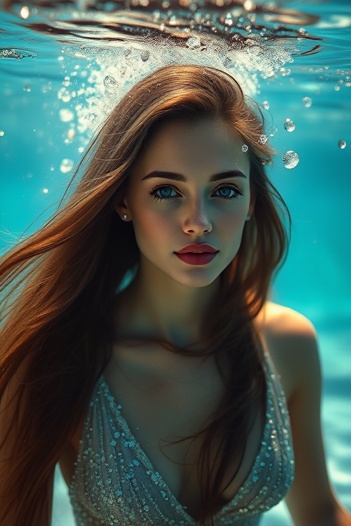 Underwater portrait of a woman with long, flowing hair in a shimmering dress, ethereal lighting, soft focus, ISO 100, f/1.8, 50mm lens, shallow depth of field, soft natural light, high dynamic range.