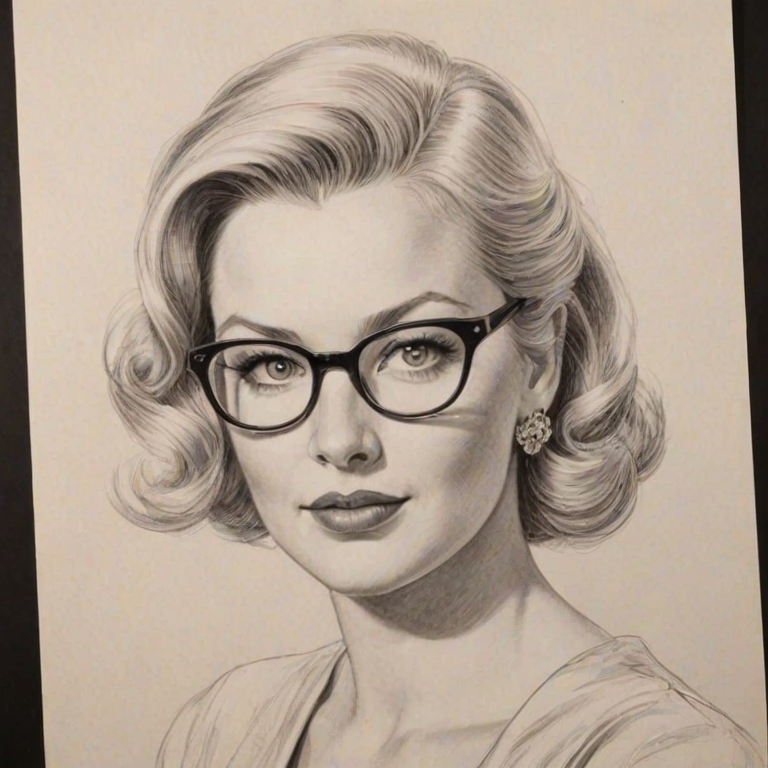 Splendid Melissa Peterman, pencil sketch, portrait of Magnificent woman 1954s in glasses, hair style beatnik, outline, clear lines, fine lines, 8k
