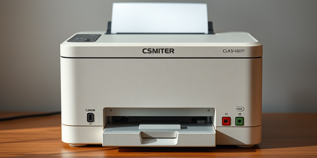 Generate a high-resolution image of a classic printer with a clean, minimalist design, viewed from a front angle, using a Canon EOS R6 camera with a 50mm lens, aperture set to f/2.8, ISO 100, and a shutter speed of 1/125 sec in natural lighting.