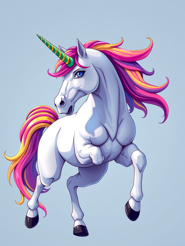 Create a vibrant digital illustration of a muscular unicorn with a rainbow-colored mane, positioned in a dynamic pose, using a 50mm lens, f/2.8 aperture, natural lighting, and a high-resolution format for clarity and detail.