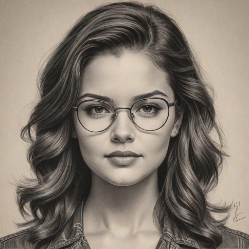 Ravishing Danielle Campbell, pencil sketch, portrait of Enticing woman 1947s in glasses, hair style beatnik, outline, clear lines, fine lines, 8k