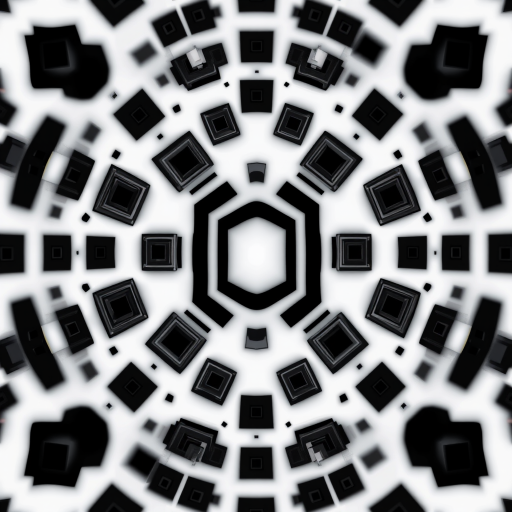 Create a fractal pattern featuring black squares in the center surrounded by smaller black squares on a white background with high contrast, using a Canon EOS R5 camera, 24mm lens, f/8 aperture, ISO 100, and a symmetrical perspective.