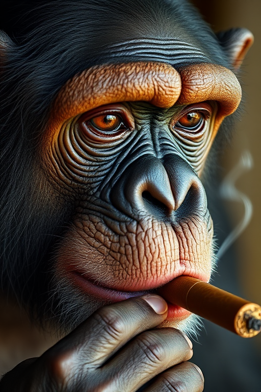 Create a hyper-realistic portrait of a chimpanzee smoking a cigar, capturing intricate facial details and textures, shot with a Canon EOS R5 at f/1.8, 85mm lens, using natural light to enhance the contours and shadows of the face.