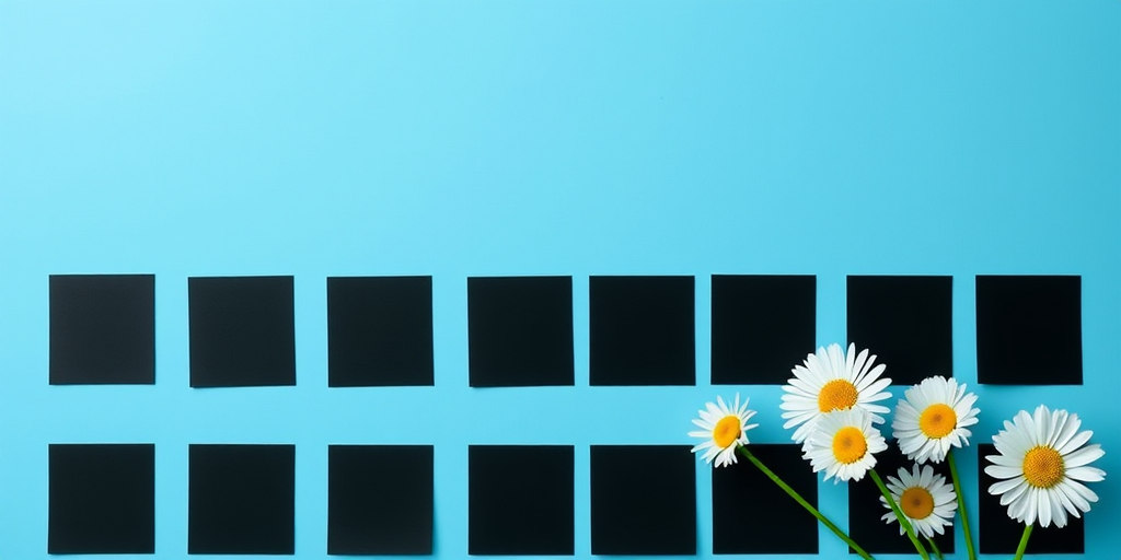 Create a bright blue background with a grid pattern of black squares, featuring a horizontal light blue banner across the top, and three white daisies in the bottom right corner, using a DSLR camera, f/8 aperture, 1/125 shutter speed, ISO 100, and a top-down view to enhance image quality.