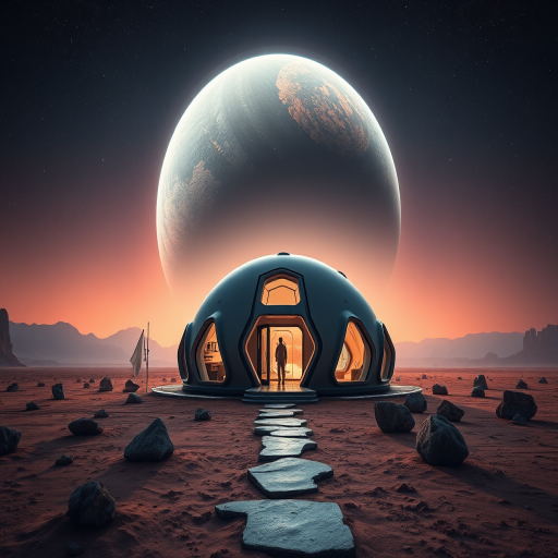 futuristic home on an alien landscape, with a glowing interior and a large planet in the background, shot with a Canon EOS R5, 24mm lens, aperture f/2.8, ISO 100, low angle view, HDR imaging for enhanced detail and color depth