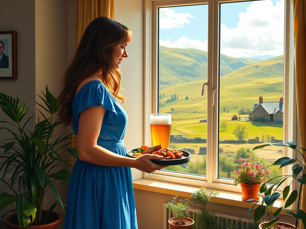 In "A Glass of Beer on the Highland," a serene scene is depicted in a sunlit room where a woman in a vibrant blue dress stands by a large window. She holds a tray with a hearty meal and a frothy glass of beer, embodying a moment of relaxation. Outside, the breathtaking highland landscape features rolling green hills and a charming traditional house, all bathed in warm afternoon light. The interior is adorned with potted plants, creating a harmonious blend of comfort and nature. The painting beautifully captures the tranquility and joy found in simple pleasures amidst stunning scenery