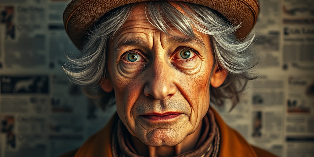 Create an artistic portrait of a vintage character with a focus on facial expression, blending newsprint textures in the background, using a Canon EOS R with a 50mm f/1.8 lens, set at ISO 200, aperture f/2.8, shutter speed 1/125s, in portrait orientation with soft diffused lighting for enhanced detail and depth.