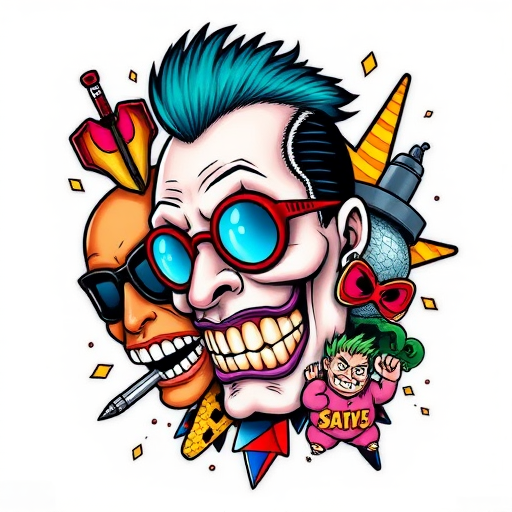 New school tattoo "Pop Culture Fusion" combining bold, cartoonish elements with exaggerated features and vibrant colors to create a playful mashup of iconic characters and symbols