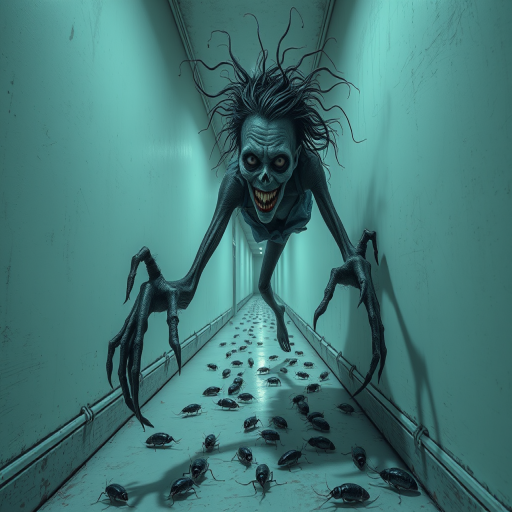a crooked female with long arms and a creepy smile is crawling along a long white corridor and you can also see cockroaches in it there is a creepy atmosphere creepy art style