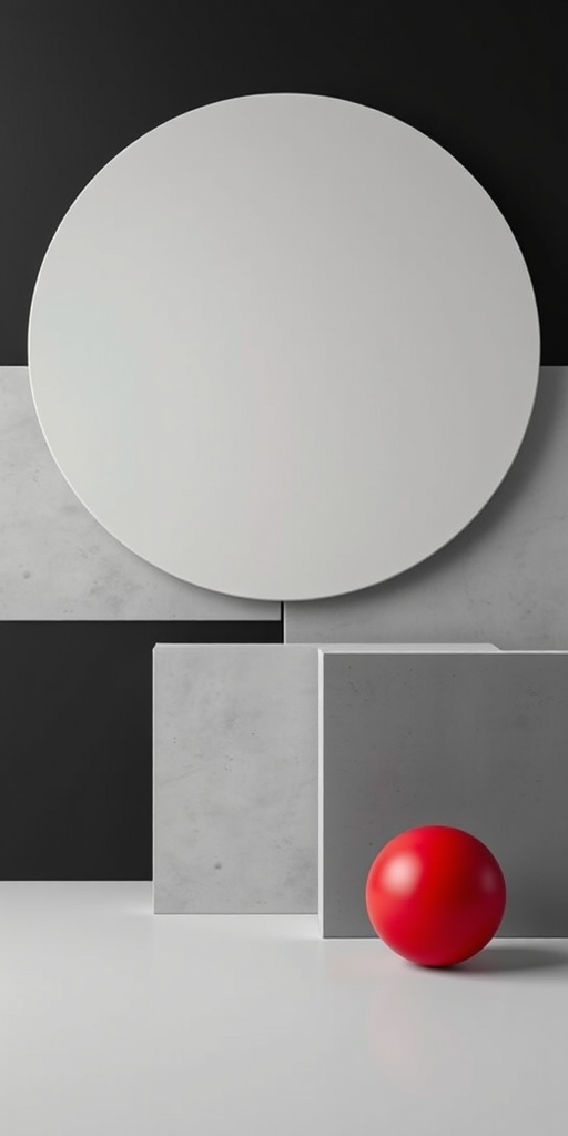 Create an abstract art image featuring geometric shapes with a large circular form and two red spheres against a backdrop of gray and black blocks, using a Canon EOS R5 with a 50mm lens, aperture set to f/1.8, ISO 100, in a clean and minimalistic style.