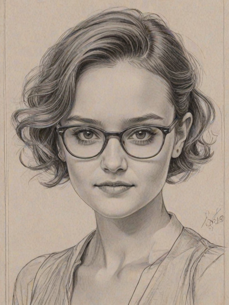 Radiant Olivia Cooke, pencil sketch, portrait of Resplendent woman 1935s in glasses, hair style beatnik, outline, clear lines, fine lines, 8k