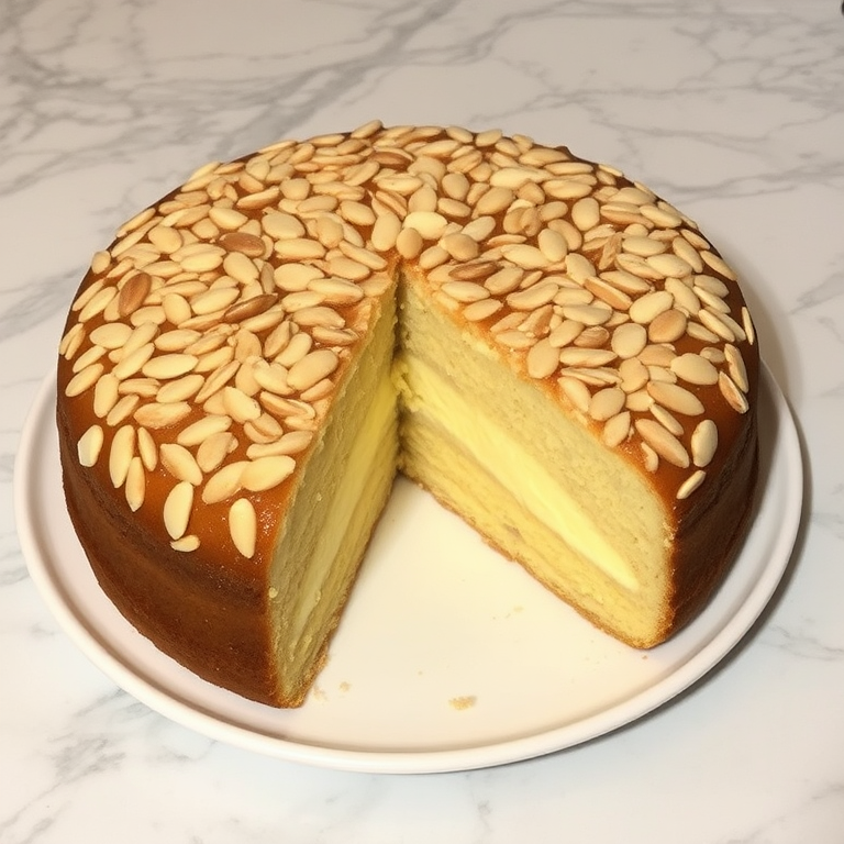A round cake with a glossy almond topping sliced to show creamy layers inside placed on a white plate against a marble background.