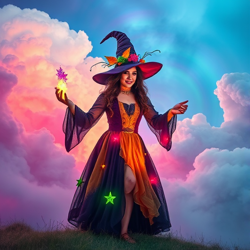 Create a vibrant, fantastical scene of a colorful witch casting spells in a magical landscape filled with swirling clouds and vivid colors, using a Canon EOS R5 with a 24-70mm f/2.8 lens, aperture set to f/8, ISO 100, capturing from a low angle with a soft-focus background for depth.