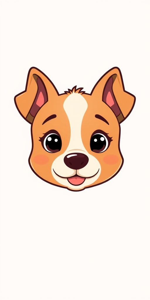 Create a high-resolution digital illustration of a cute cartoon dog face with a smooth background, using a soft color palette, shot with a DSLR camera at a portrait setting, f/2.8 aperture, ISO 100, and 50mm lens.