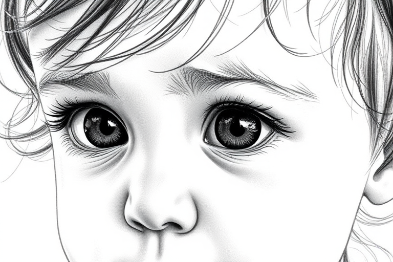 A hyperdetailed photorealistic black and white sketch of a beautiful toddler with deep black eyes, with a macro focus