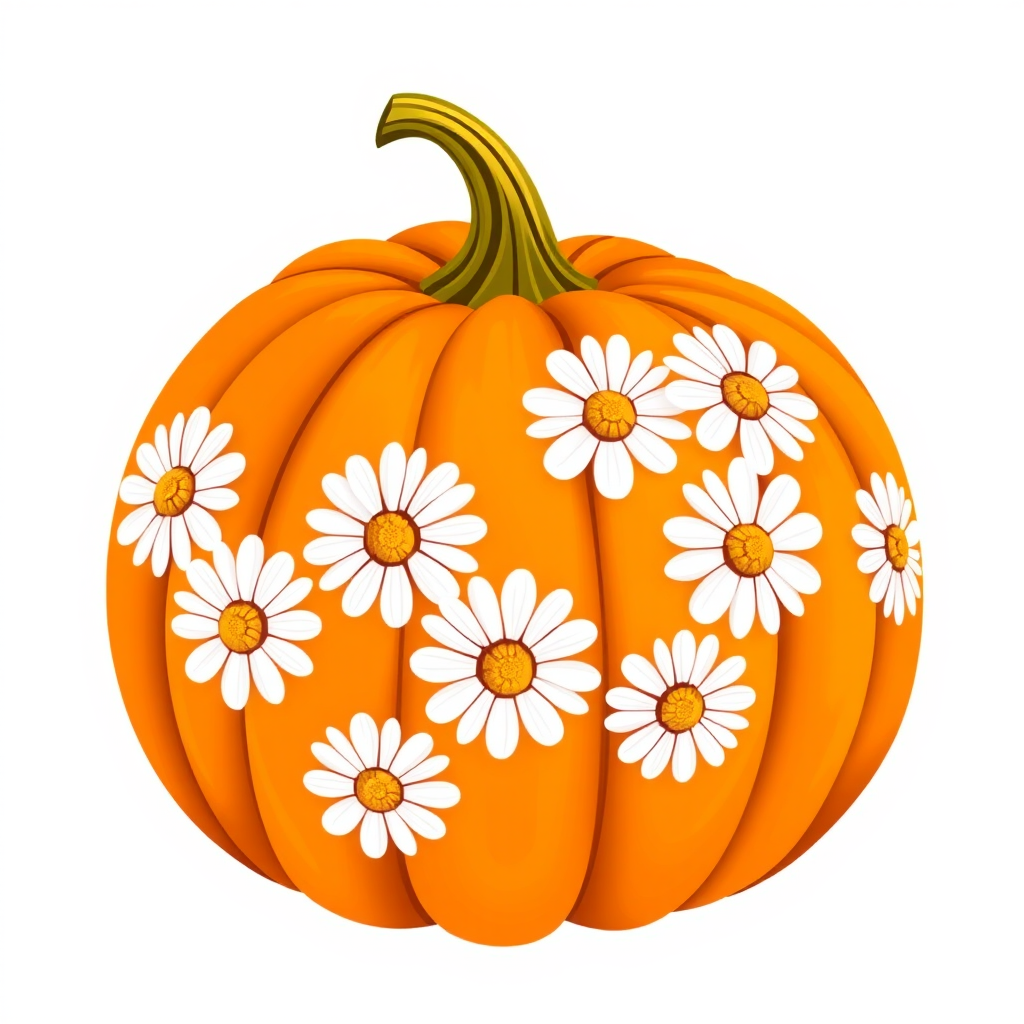 a whimsical orange pumpkin with white daises pattern covering the pumpkin. Solid white background sublimation vector 3000dpi 32k