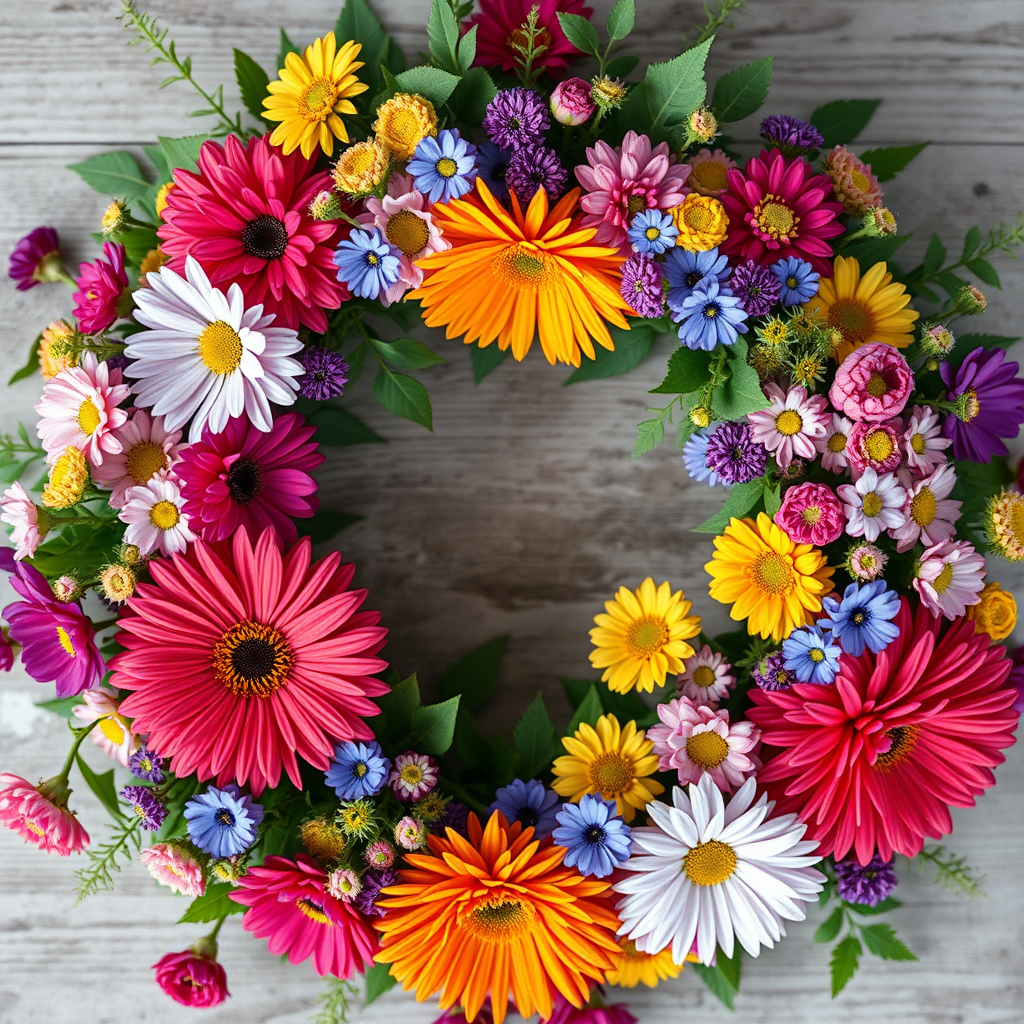 create a vibrant floral wreath with a variety of colorful flowers and green leaves, focus on detailed textures and vibrant colors, taken with a Canon EOS R5, 50mm lens, aperture f/2.8, shutter speed 1/200s, ISO 100, natural soft lighting, top-down view