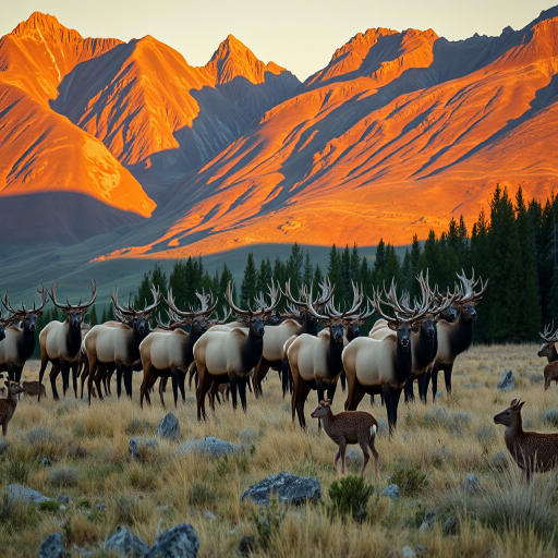 Wide-angle landscape photography of a herd of elk in a mountainous setting, captured at golden hour for soft lighting, aperture f/8 for depth of field, shutter speed 1/200 sec to freeze motion, ISO 100 for clarity, using a DSLR camera with a 24mm lens.