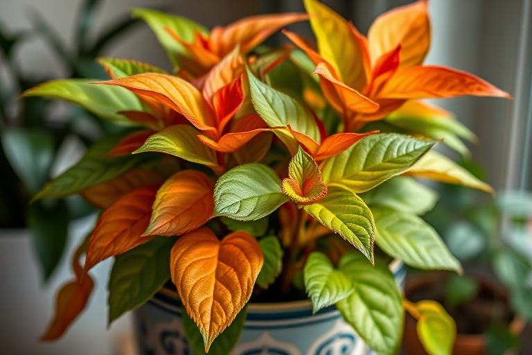 A lush, vibrant houseplant with green, red, and orange leaves in a decorative pot, captured in high resolution using a Canon EOS R5, 50mm lens, f/2.8 aperture, ISO 100, soft natural lighting, and a shallow depth of field for enhanced color contrast and detail.