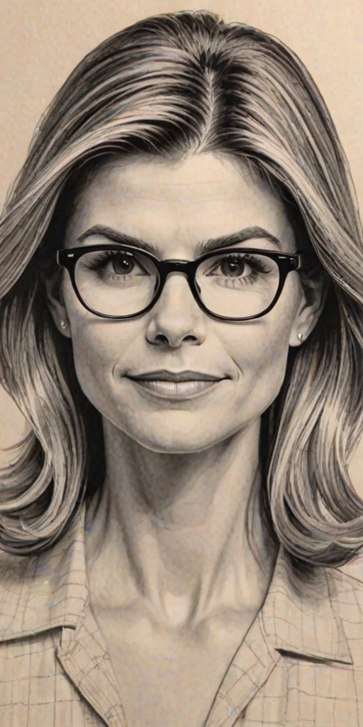 Comely Lori Loughlin, pencil sketch, portrait of Sublime woman 1947s in glasses, hair style beatnik, outline, clear lines, fine lines, 8k