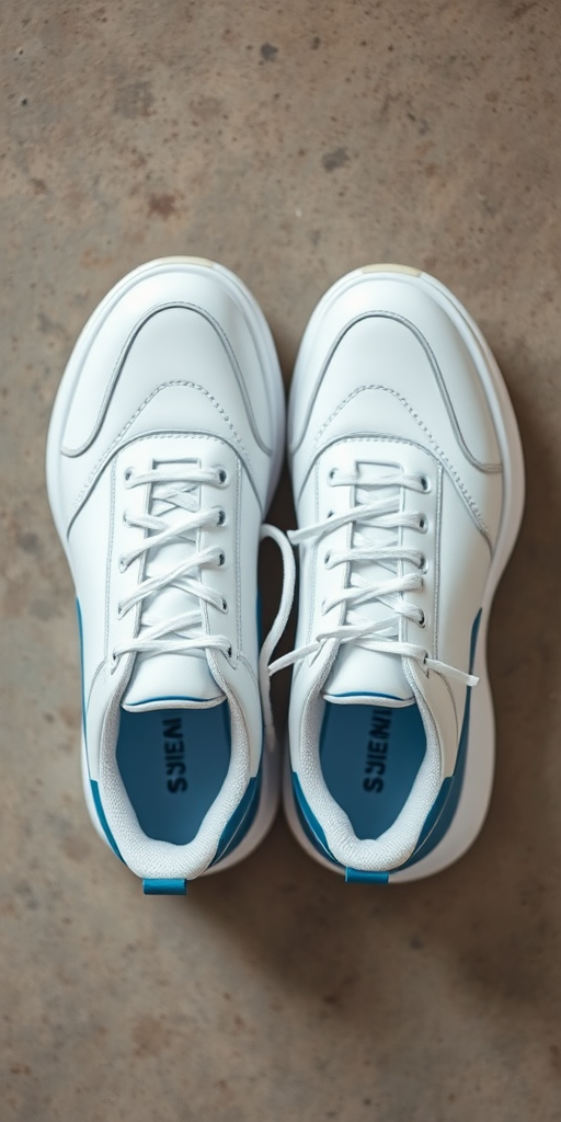 Regenerate an image of a pair of sleek white athletic shoes with black laces and a blue accent, using a DSLR camera, 50mm lens, f/2.8 aperture, ISO 100, soft natural lighting, and a slight top-down perspective for enhanced detail.