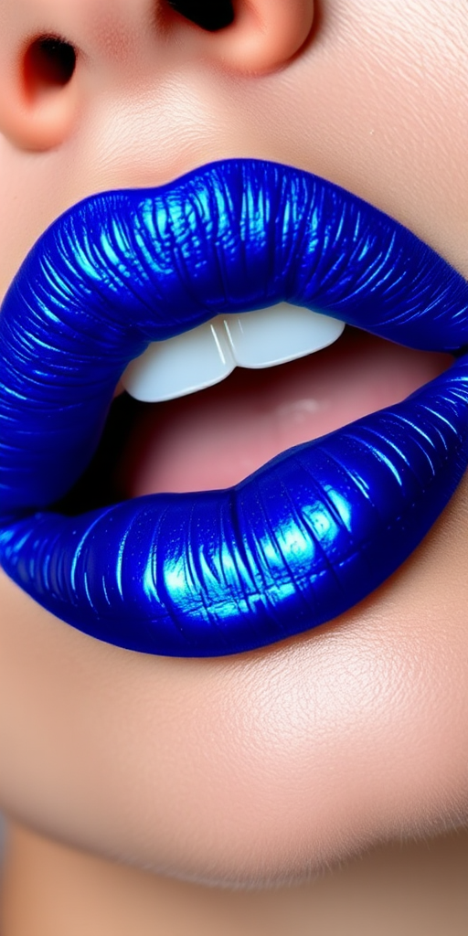 Electric blue lip color with a metallic sheen adorns precisely lined lips, creating a bold, futuristic look that demands attention and showcases flawless application