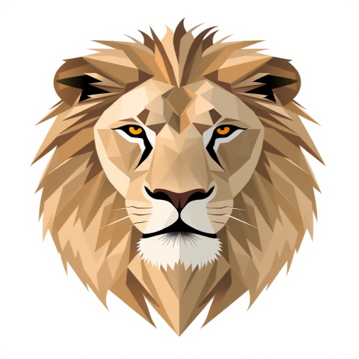 Create a low-poly style lion head illustration with a modern geometric design, using soft beige and taupe colors, captured in a high-resolution format with a Canon EOS R5 at f/2.8, 50mm lens, with a clean white background for contrast and sharp details.