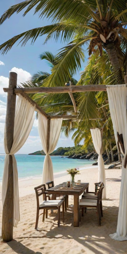 Create a picturesque tropical beach scene featuring a serene, white sandy shore. In the foreground, there's a rustic wooden canopy with white drapes gently flowing in the breeze. Underneath the canopy, a table is set with tropical decor, evoking a sense of relaxation and leisure. The beach extends into a calm, shallow water area with reflections of the sky and surroundings. Palm trees and lush greenery line the edge of the beach, providing a natural, tropical backdrop. The sky is clear with a few scattered clouds, and the overall atmosphere is tranquil and inviting, perfect for a peaceful retreat.