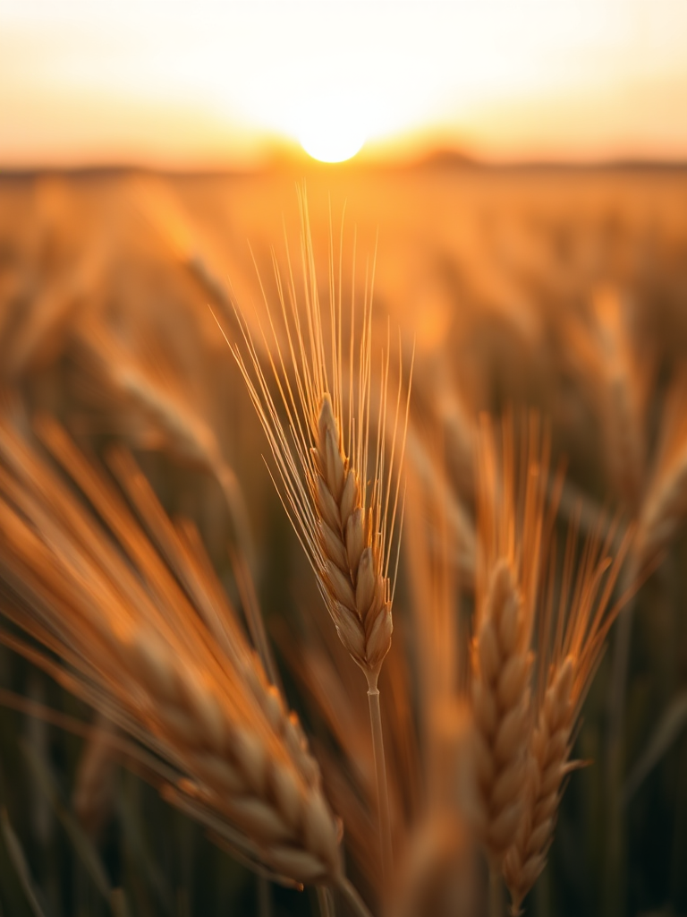Capture a close-up shot of golden wheat fields during golden hour with a shallow depth of field, ISO 100, aperture f/2.8, shutter speed 1/200s, using a DSLR camera with a 50mm lens for enhanced clarity and detail.