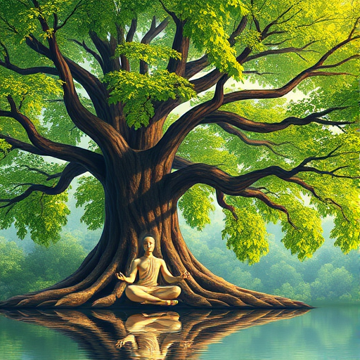 Create an illustration of a large tree with vibrant green leaves and a thick brown trunk, featuring a tranquil meditation figure in front of it, emphasizing the roots extending into a serene water reflection, captured with a DSLR camera at f/2.8 aperture, 35mm lens, landscape orientation, soft natural light for enhanced colors and depth.