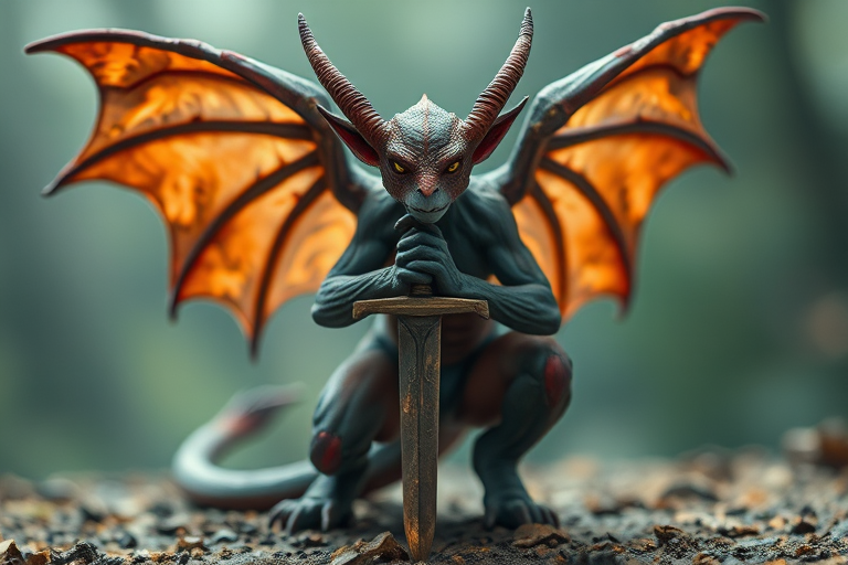 fantasy creature with large wings crouching and holding a sword, high-resolution, f/2.8 aperture, ISO 100, 85mm lens, macro perspective, soft studio lighting, digital photography