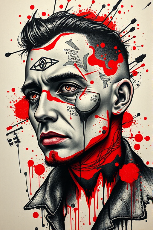 Avant-garde trash polka tattoo called "Urban Chaos" combining realistic portraits with abstract splashes of red and black ink, incorporating text elements and graphic design motifs