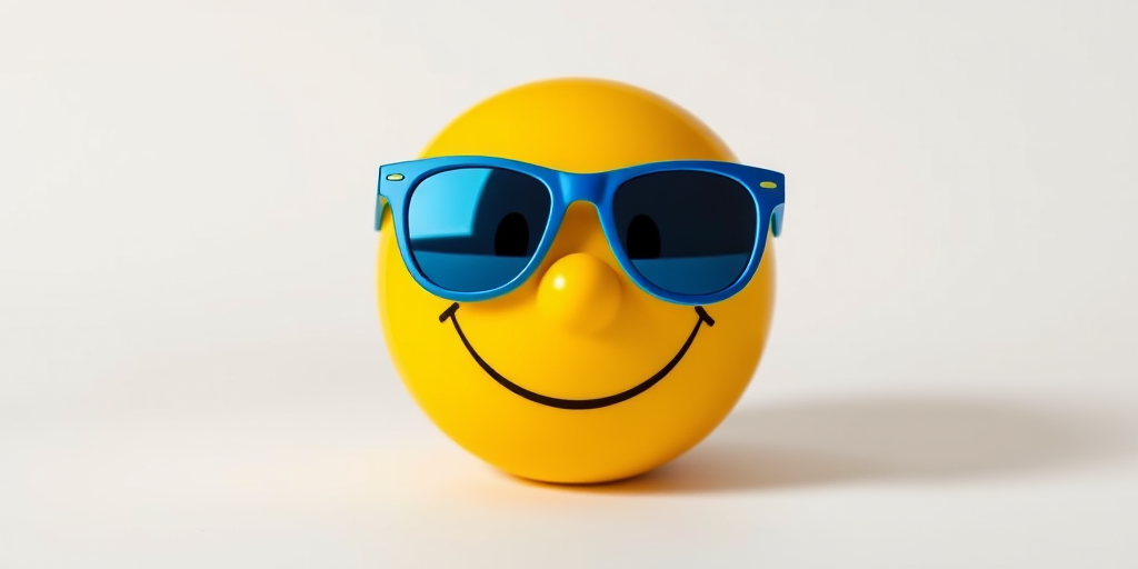 Create a vibrant, high-resolution image of a yellow smiley face wearing blue sunglasses with soft shadows and a clean background using a DSLR camera with a 50mm lens, f/1.8 aperture, ISO 100, and a shallow depth of field, shot at eye level.