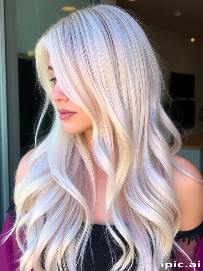 Ethereal hair style displaying long iridescent pearl-toned strands styled in loose ethereal waves with subtle glitter accents