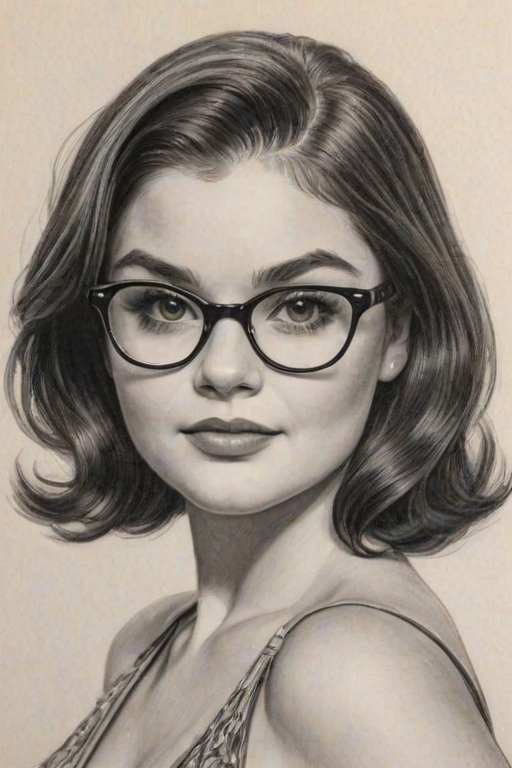 Ravishing Ariel Winter, pencil sketch, portrait of Radiant woman 1953s in glasses, hair style beatnik, outline, clear lines, fine lines, 8k
