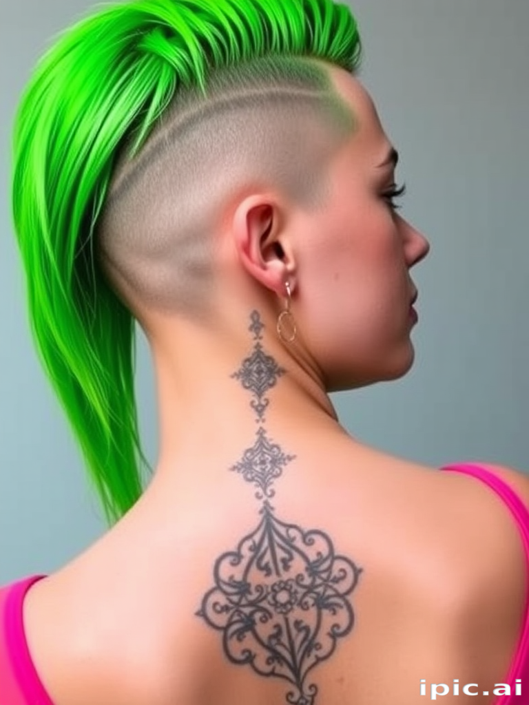 Daring hair style revealing an undercut design with intricate patterns shaved into the nape and vibrant neon green long top layers